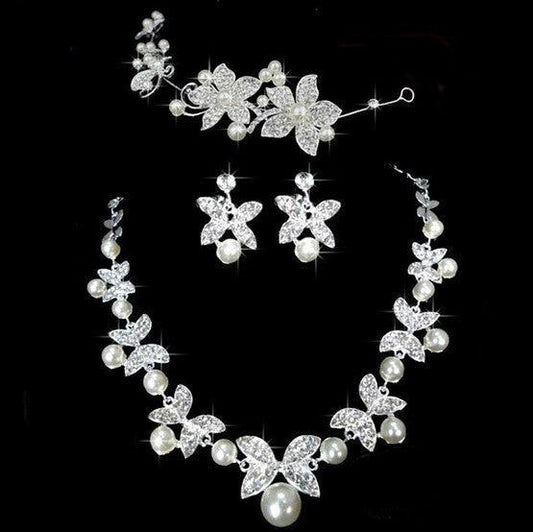 Butterfly Pearl Three Piece Bridal Soft Chain Headdress Jewelry Set