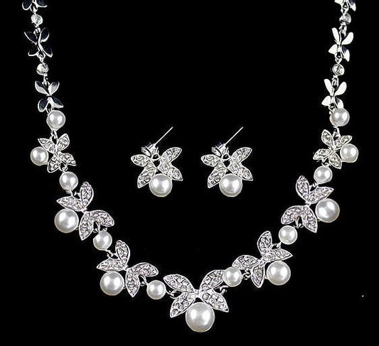 Bride diamond pearl necklace earrings set