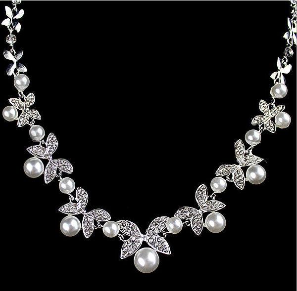 Bride diamond pearl necklace earrings set