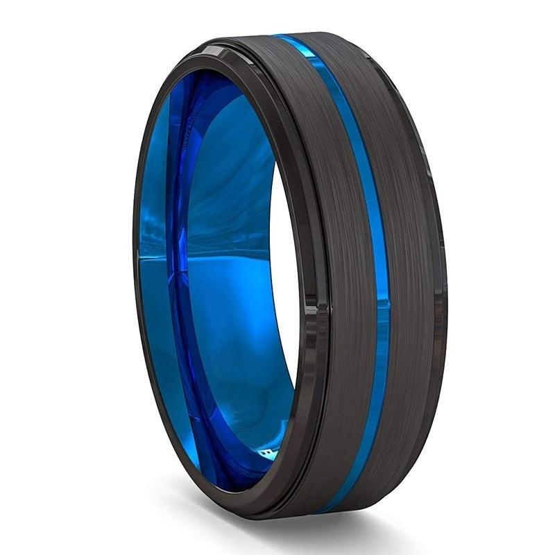 Two-Tone Men's 8Mm Wide Slotted Blue And Black Tungsten Steel Ring