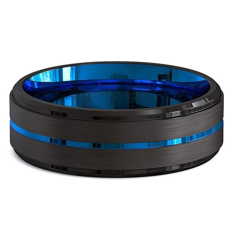 Two-Tone Men's 8Mm Wide Slotted Blue And Black Tungsten Steel Ring