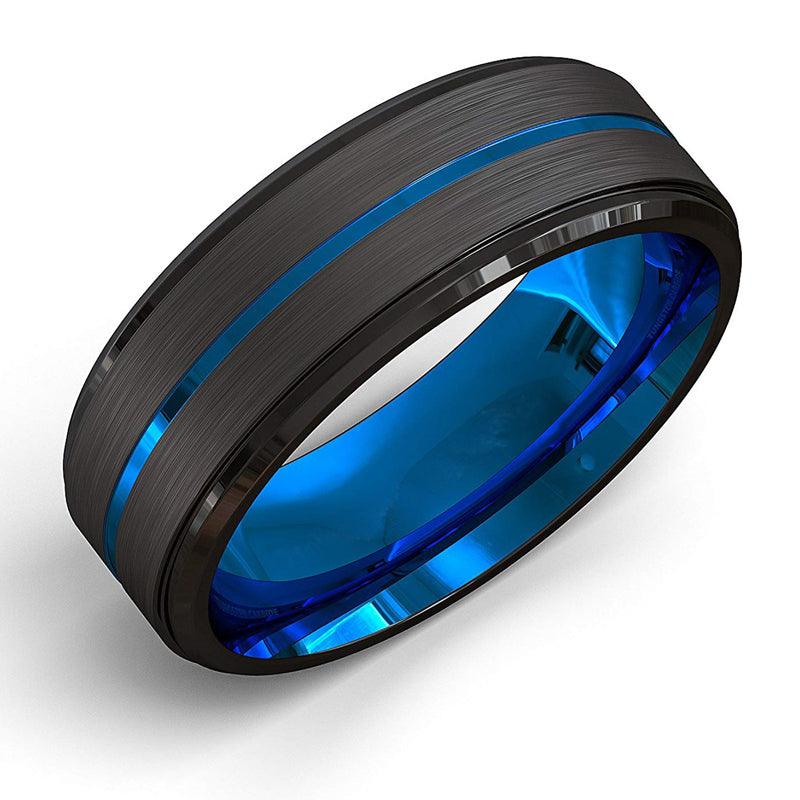 Two-Tone Men's 8Mm Wide Slotted Blue And Black Tungsten Steel Ring