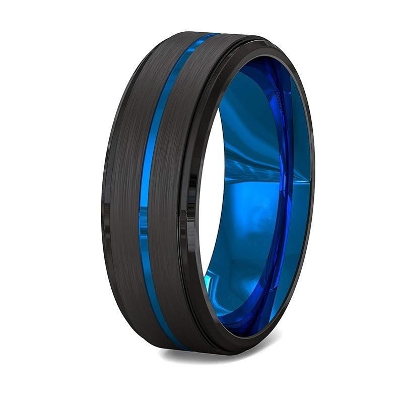 Two-Tone Men's 8Mm Wide Slotted Blue And Black Tungsten Steel Ring