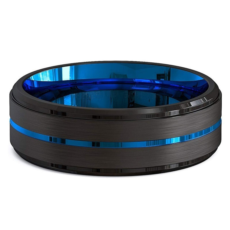 Two-Tone Men's 8Mm Wide Slotted Blue And Black Tungsten Steel Ring