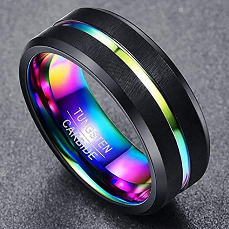 Two-Tone Men's 8Mm Wide Slotted Blue And Black Tungsten Steel Ring