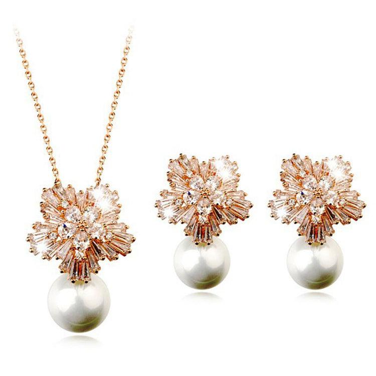 Luxury high-grade bridal pearl necklace earrings set with zircon