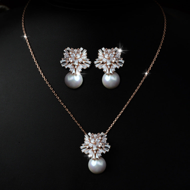 Luxury high-grade bridal pearl necklace earrings set with zircon