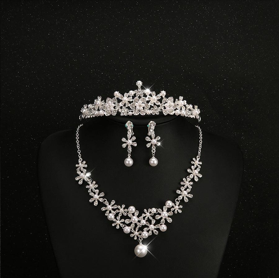 Bridal headdress, three sets of crystal flower necklace, diamond earrings, Wind crown, wedding jewelry set