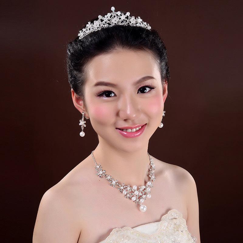Bridal headdress, three sets of crystal flower necklace, diamond earrings, Wind crown, wedding jewelry set