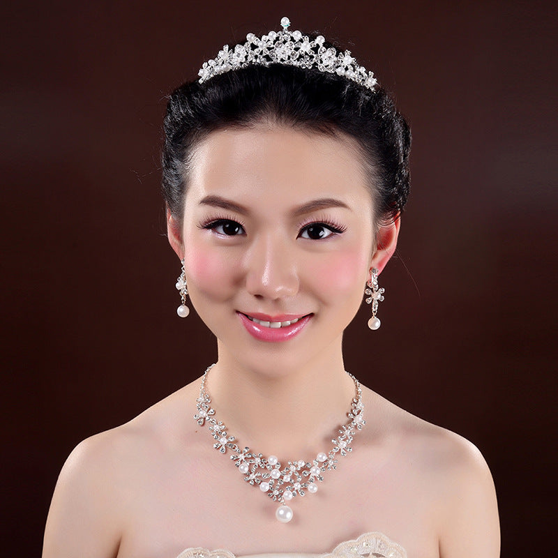 Bridal headdress, three sets of crystal flower necklace, diamond earrings, Wind crown, wedding jewelry set