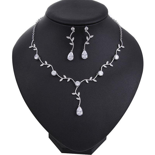 Cross border explosion leaves bridal ornaments zircon water drop earrings and necklace set