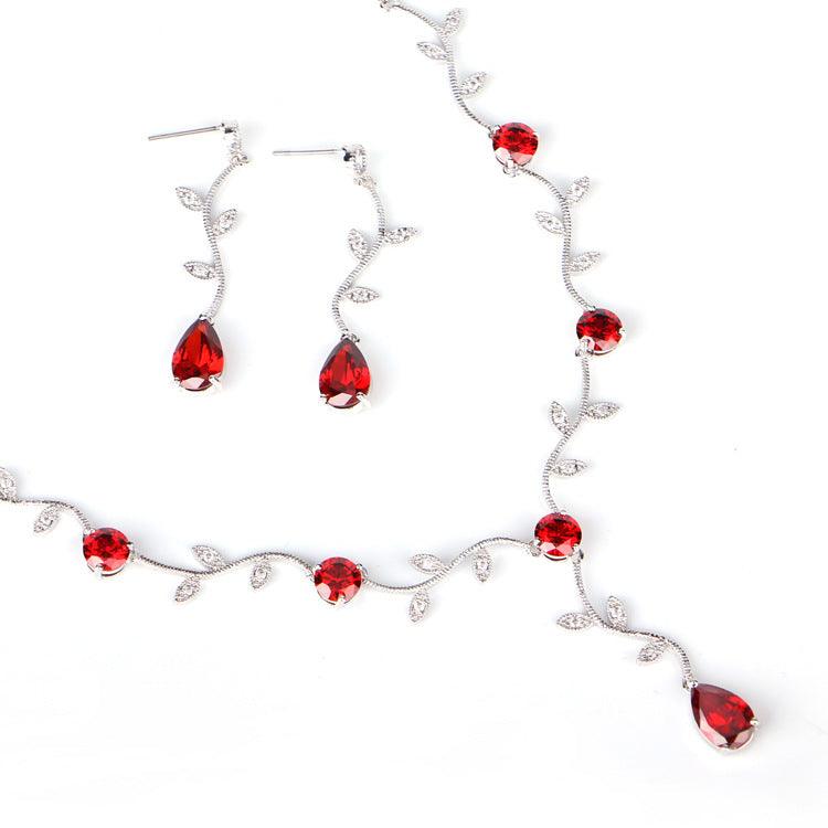 Cross border explosion leaves bridal ornaments zircon water drop earrings and necklace set