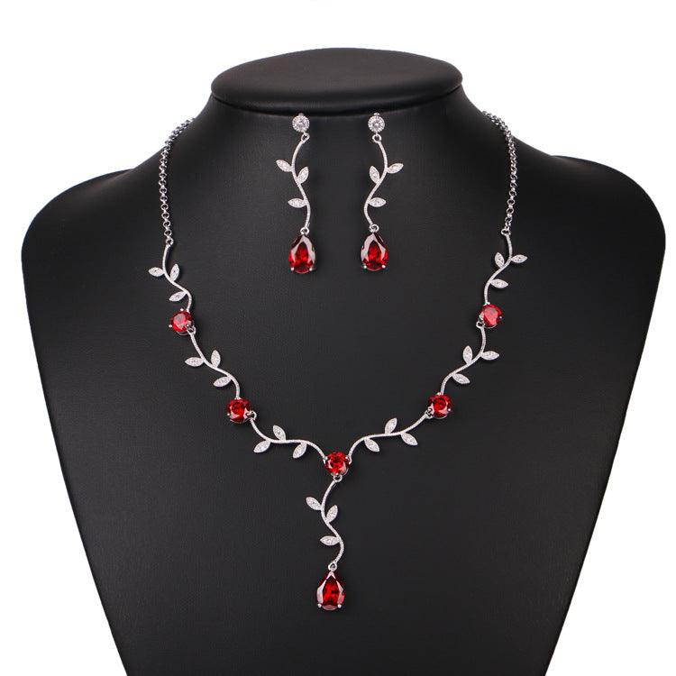 Cross border explosion leaves bridal ornaments zircon water drop earrings and necklace set