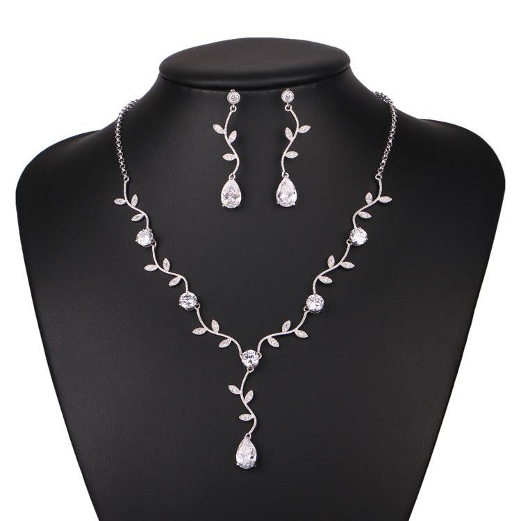 Cross border explosion leaves bridal ornaments zircon water drop earrings and necklace set