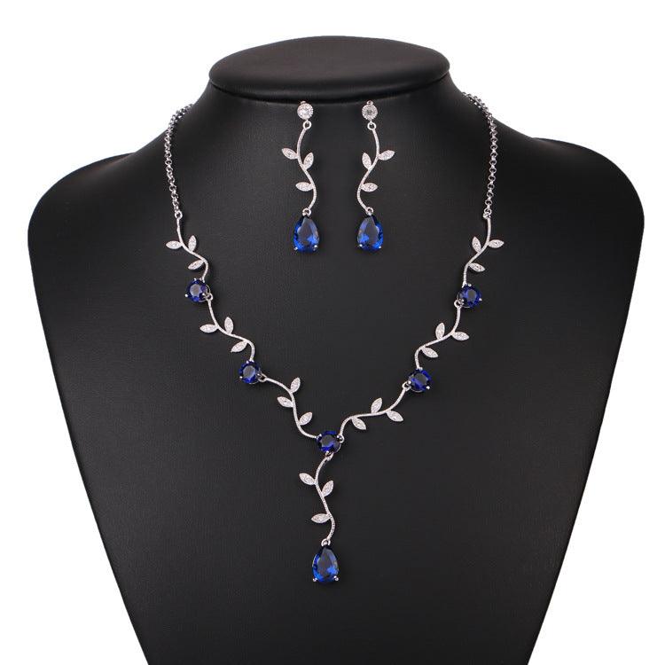 Cross border explosion leaves bridal ornaments zircon water drop earrings and necklace set