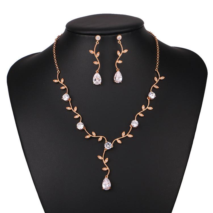 Cross border explosion leaves bridal ornaments zircon water drop earrings and necklace set