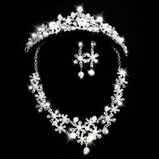 Bridal headdress, three sets of crystal flower necklace, diamond earrings, Wind crown, wedding jewelry set