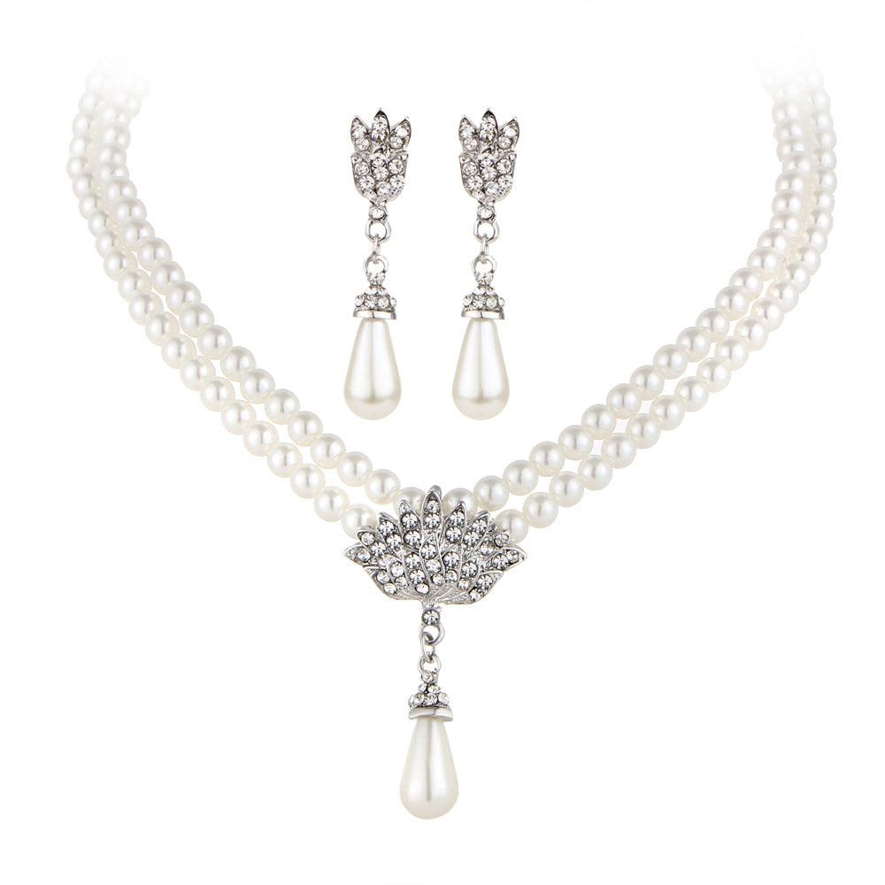 Clavicle Bridal Pearl Crystal Diamond Necklace Set