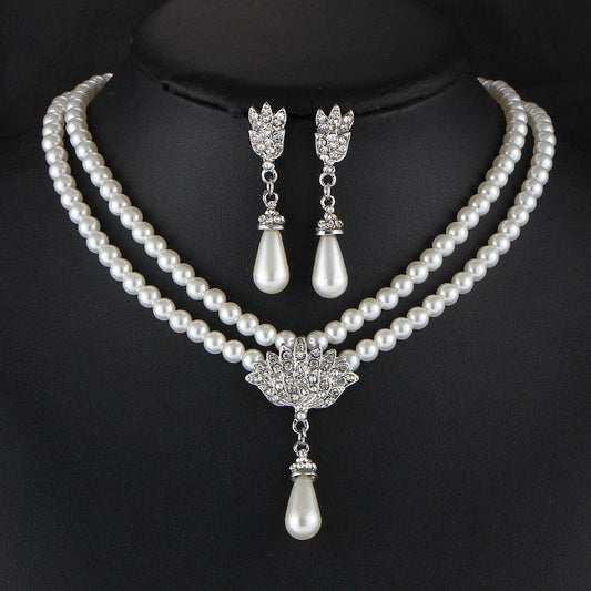 Clavicle Bridal Pearl Crystal Diamond Necklace Set
