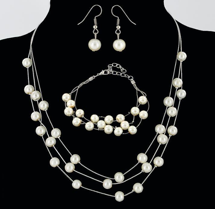 All-match Sweet And Elegant Bride Bridesmaid Mesh  Pearl Necklace Bracelet Earring Set 3 Piece Jewelry