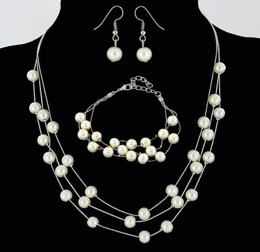 All-match Sweet And Elegant Bride Bridesmaid Mesh  Pearl Necklace Bracelet Earring Set 3 Piece Jewelry