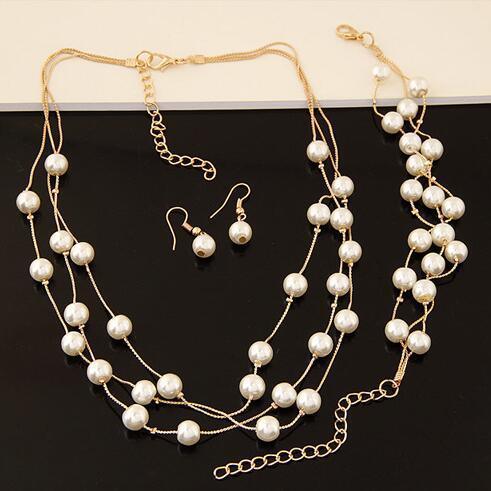All-match Sweet And Elegant Bride Bridesmaid Mesh  Pearl Necklace Bracelet Earring Set 3 Piece Jewelry