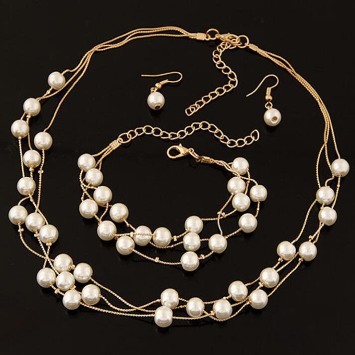 All-match Sweet And Elegant Bride Bridesmaid Mesh  Pearl Necklace Bracelet Earring Set 3 Piece Jewelry