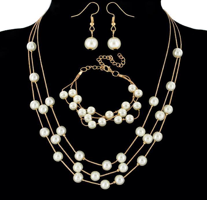 All-match Sweet And Elegant Bride Bridesmaid Mesh  Pearl Necklace Bracelet Earring Set 3 Piece Jewelry