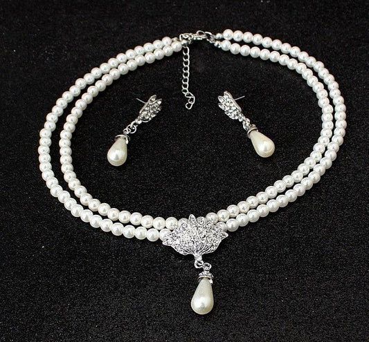 CMT087 Pearl crystal diamond necklace earrings set