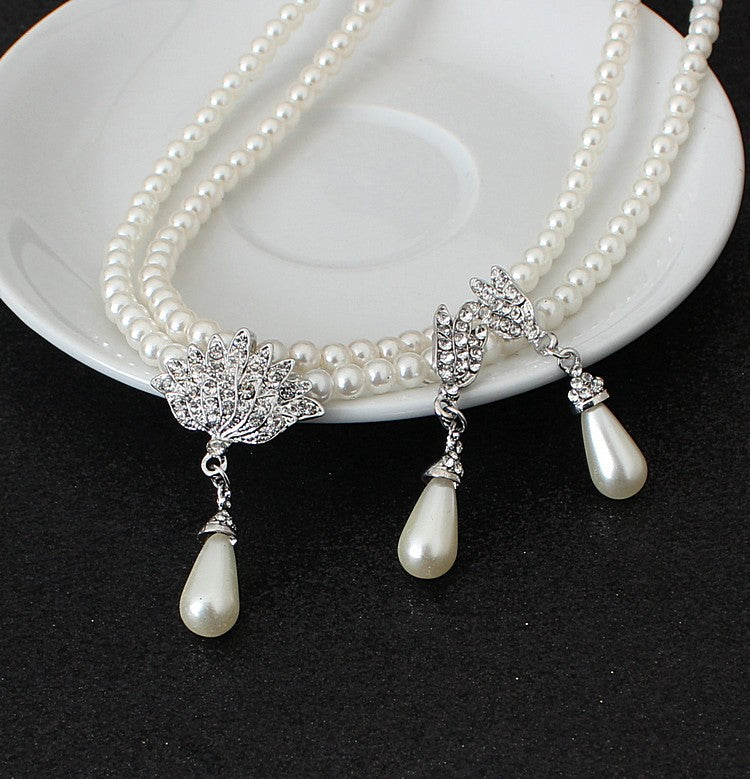 CMT087 Pearl crystal diamond necklace earrings set