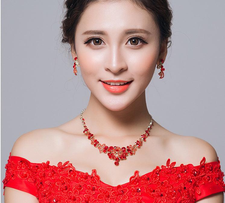 Bridal red necklace earrings three sets