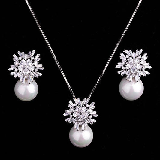 Luxury high-grade bridal pearl necklace earrings set with zircon