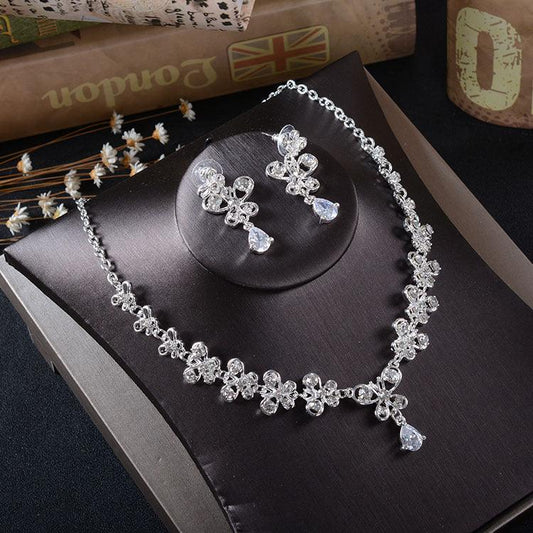 TL216 White Rhinestone Zircon Butterfly Pierced Drop Bride Two Piece Necklace set