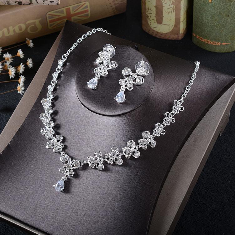 TL216 White Rhinestone Zircon Butterfly Pierced Drop Bride Two Piece Necklace set