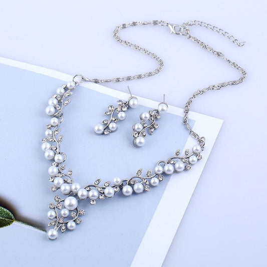 sweet temperament pearl diamond earrings necklace bride set