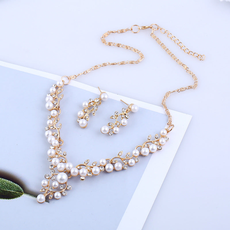 sweet temperament pearl diamond earrings necklace bride set