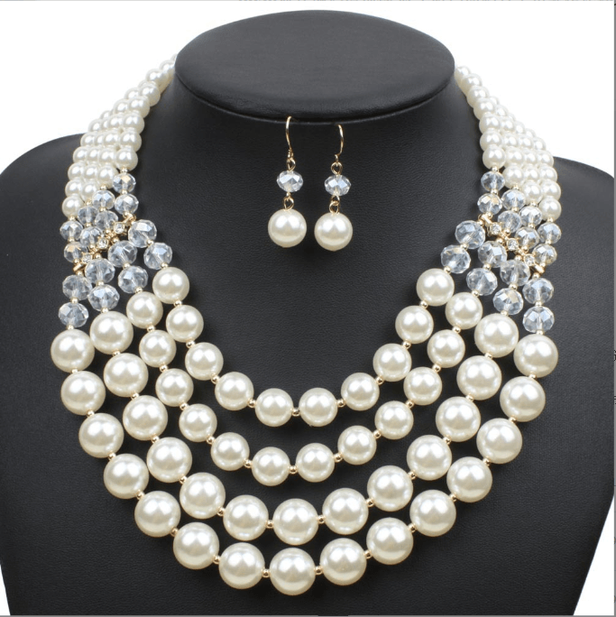 Crystal Pearl Long Necklace Earrings bridal jewelry set accessories