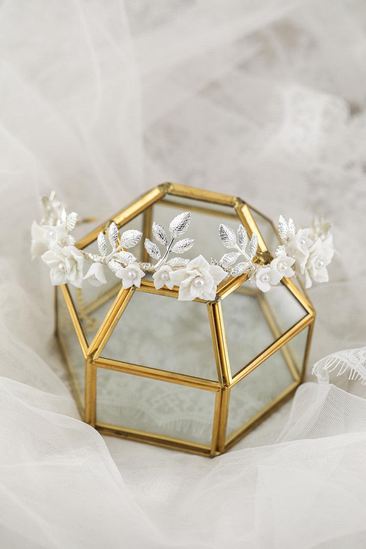 Hair Band Gold Leaf Silver Leaf White Flower Ceramic Hair Accessories
