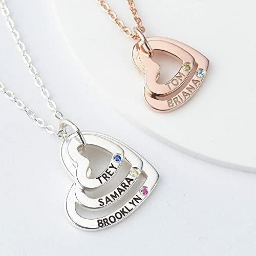 Customable Name Necklace With Birthstones + Heart Necklace