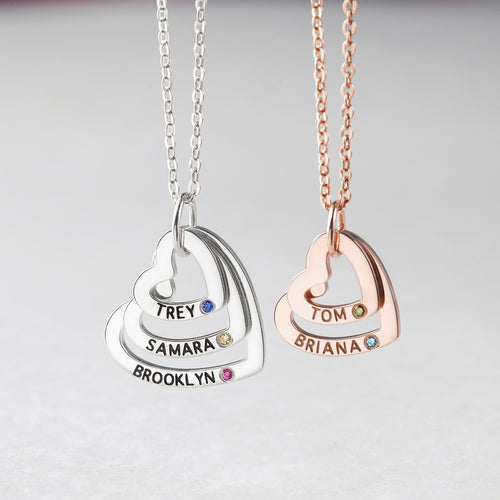 Customable Name Necklace With Birthstones + Heart Necklace