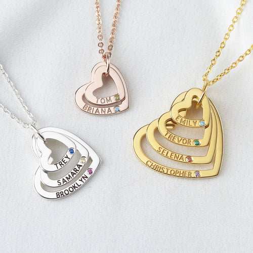 Customable Name Necklace With Birthstones + Heart Necklace